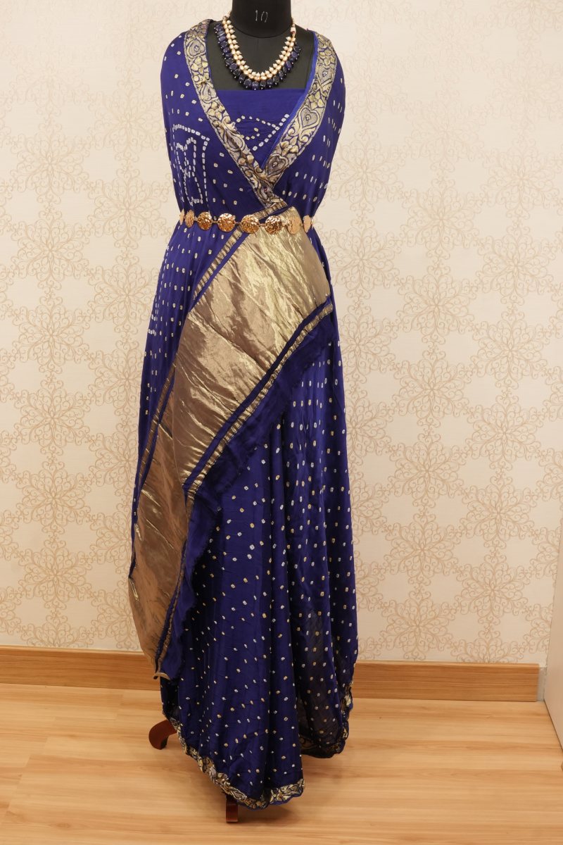 Royal Blue and Antique Gold Gaji Silk Bandhej Saree — front