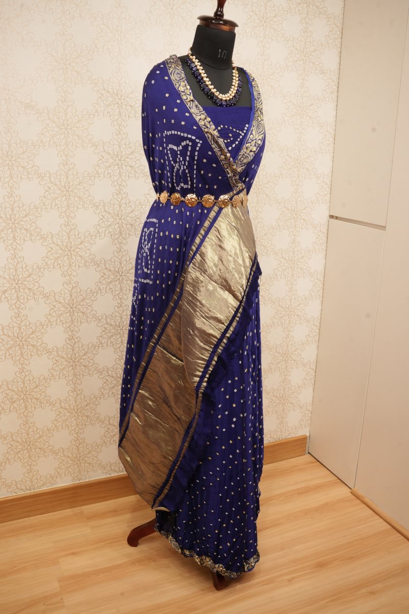 Royal Blue and Antique Gold Gaji Silk Bandhej Saree — photo 5