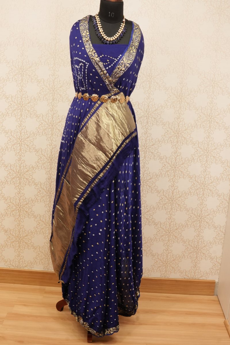 Royal Blue and Antique Gold Gaji Silk Bandhej Saree — photo 3