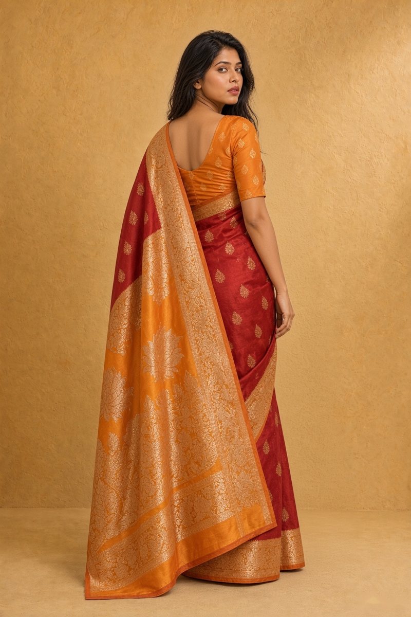 Red and Mustard Yellow Katan Silk Saree with Gold Zari Border — back