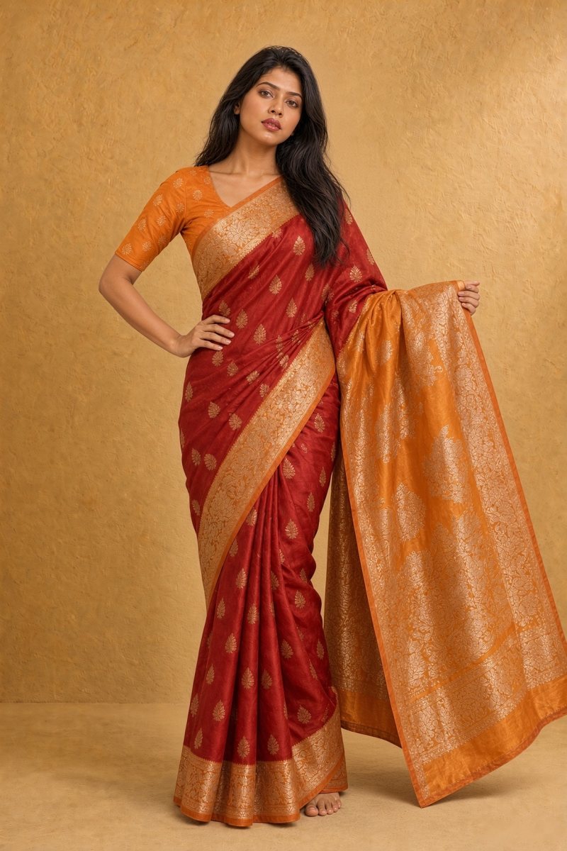 Red and Mustard Yellow Katan Silk Saree with Gold Zari Border — right three-quarter view