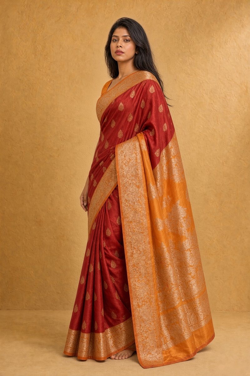 Red and Mustard Yellow Katan Silk Saree with Gold Zari Border — left three-quarter view