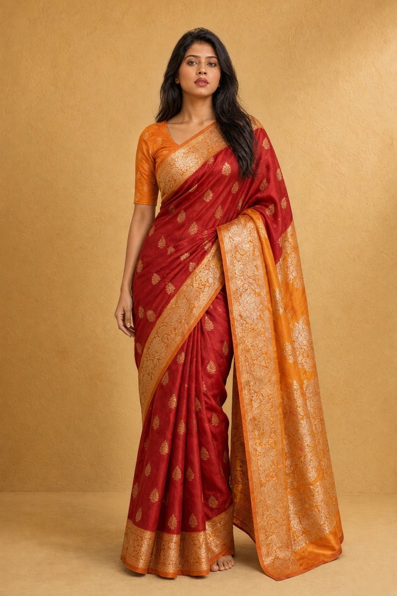Red and Mustard Yellow Katan Silk Saree with Gold Zari Border — front