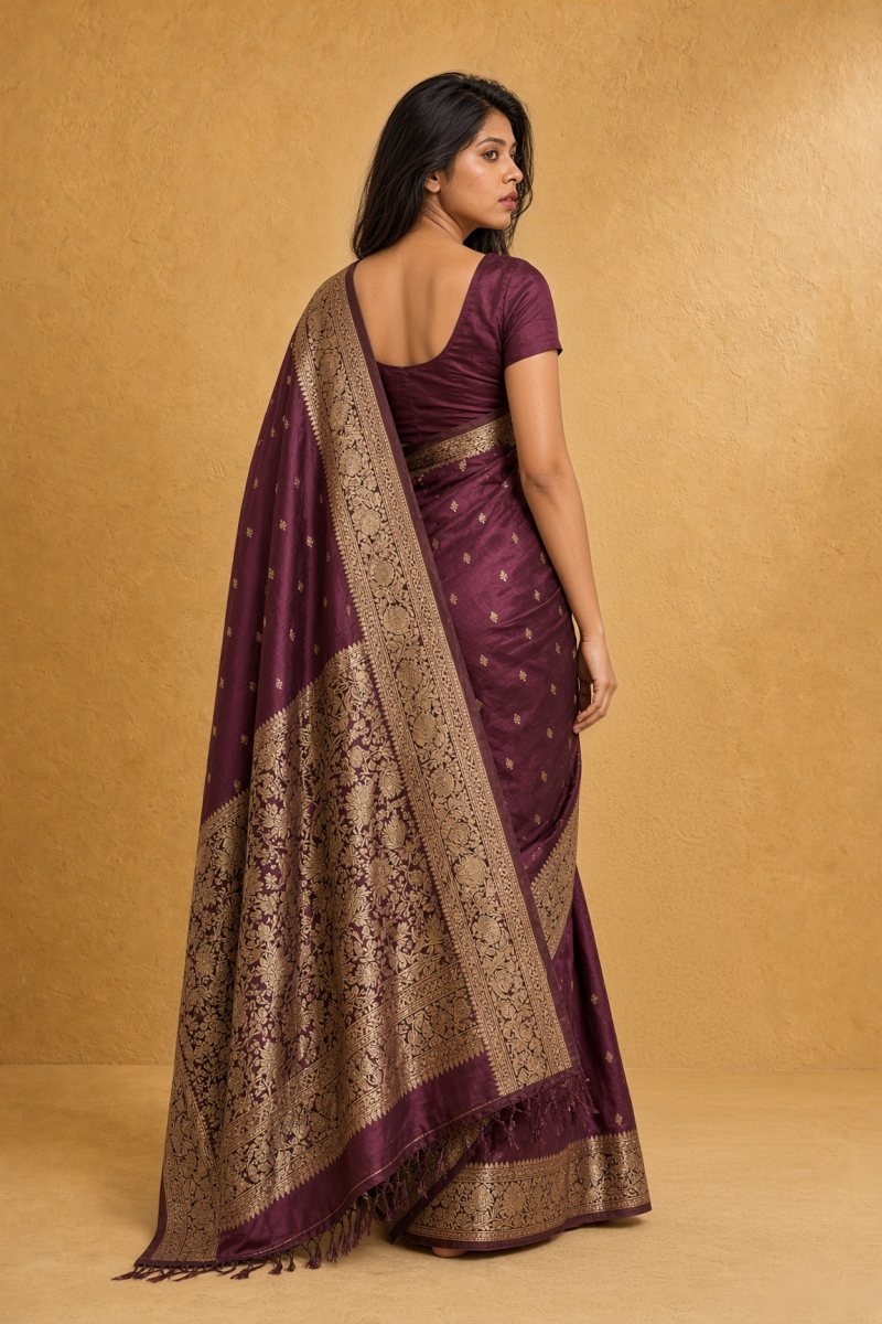 Deep Wine and Antique Gold Katan Silk Tanchoi Banarasi Saree — back