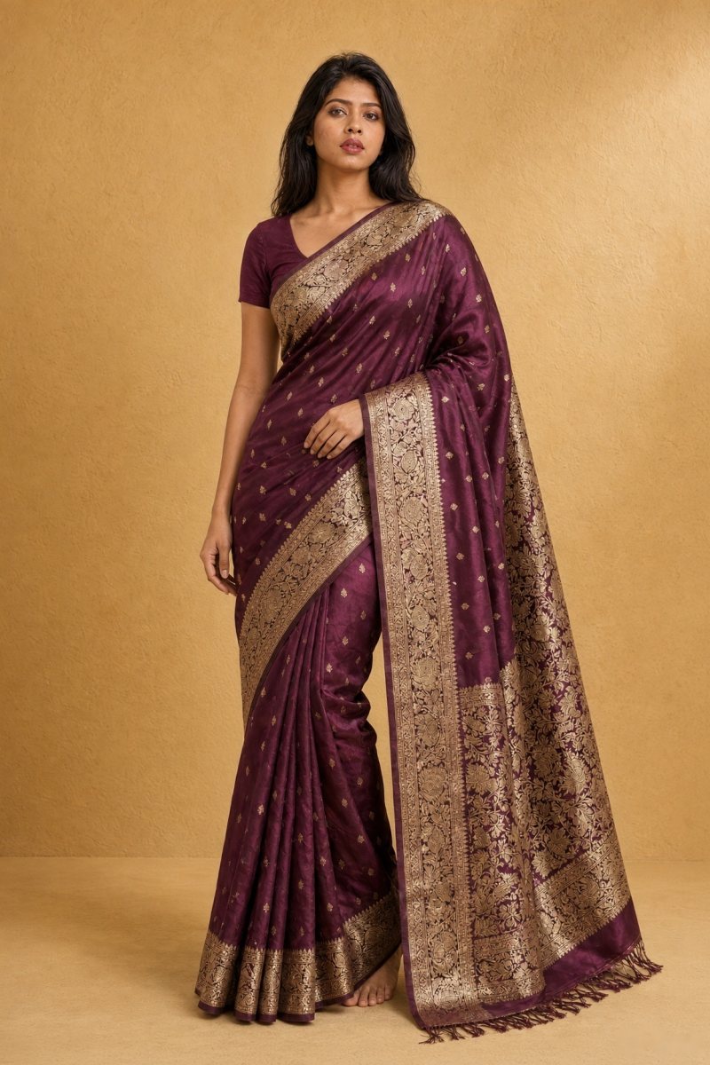 Deep Wine and Antique Gold Katan Silk Tanchoi Banarasi Saree — front