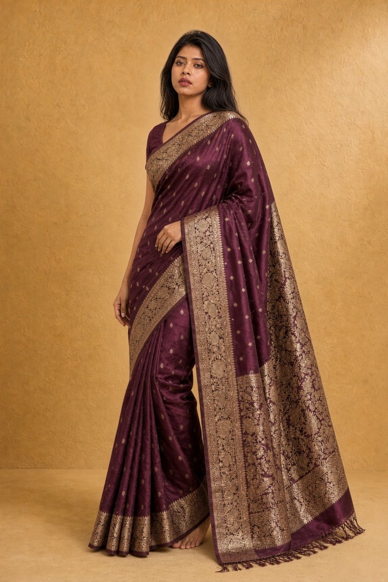 Deep Wine and Antique Gold Katan Silk Tanchoi Banarasi Saree — left three-quarter view