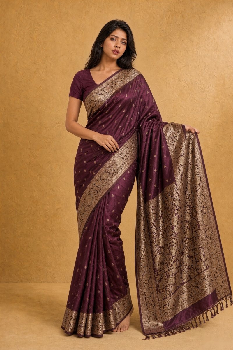 Deep Wine and Antique Gold Katan Silk Tanchoi Banarasi Saree — right three-quarter view