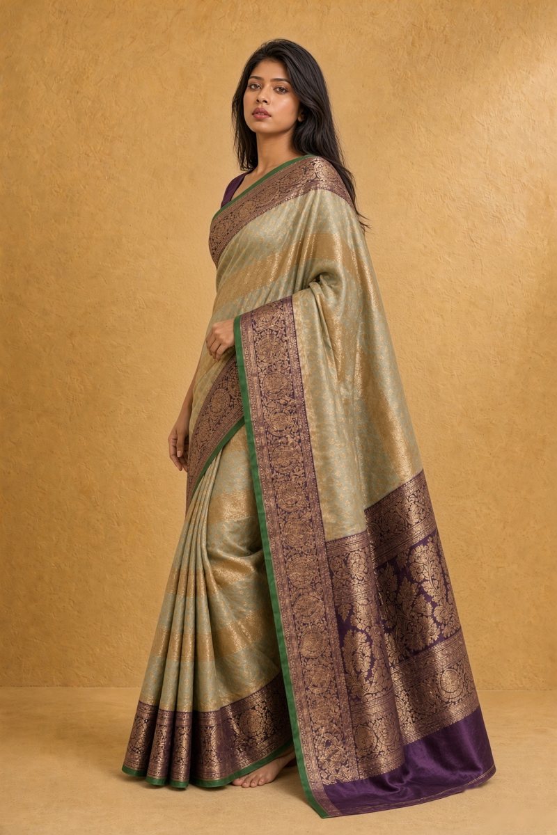 Olive Green and Antique Gold South Silk Kadiyal Saree — left three-quarter view