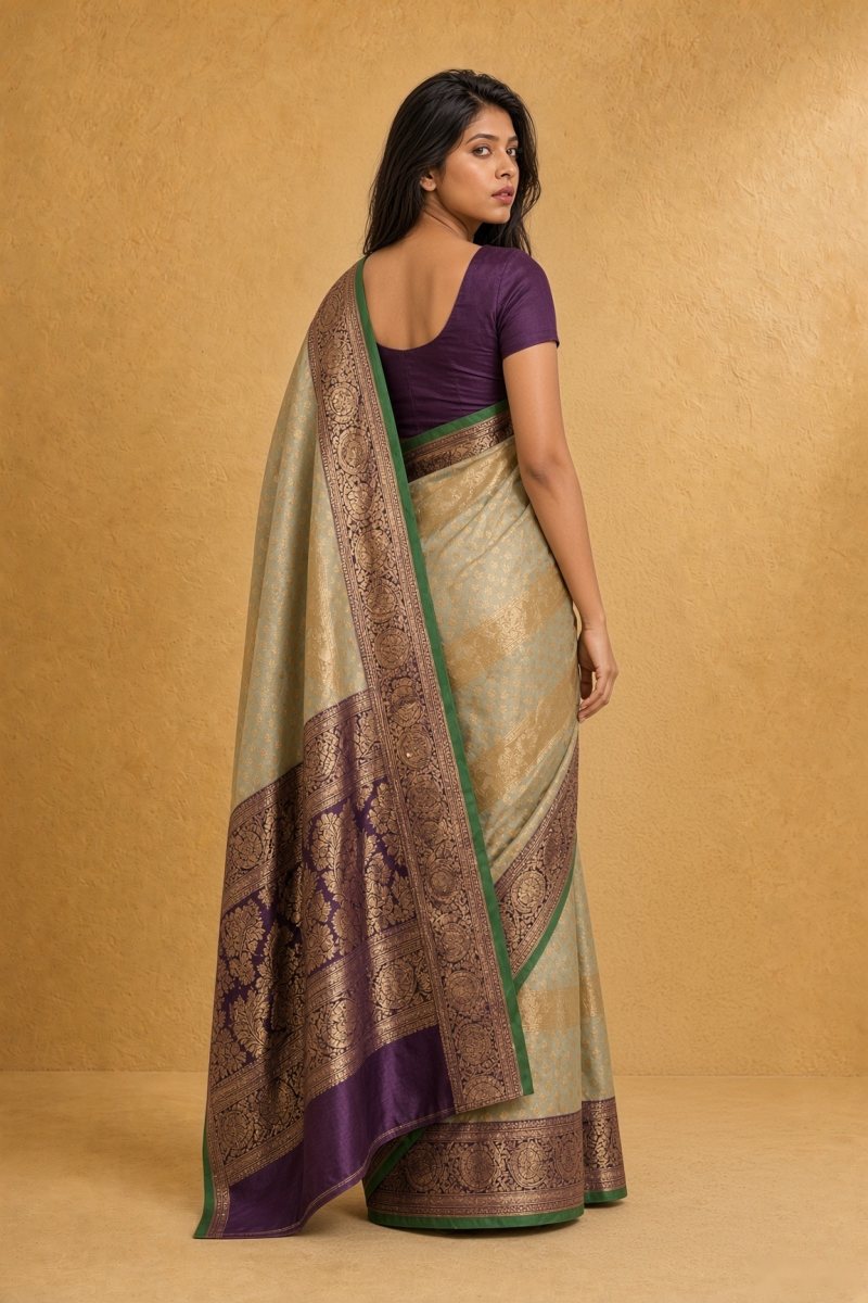 Olive Green and Antique Gold South Silk Kadiyal Saree — back