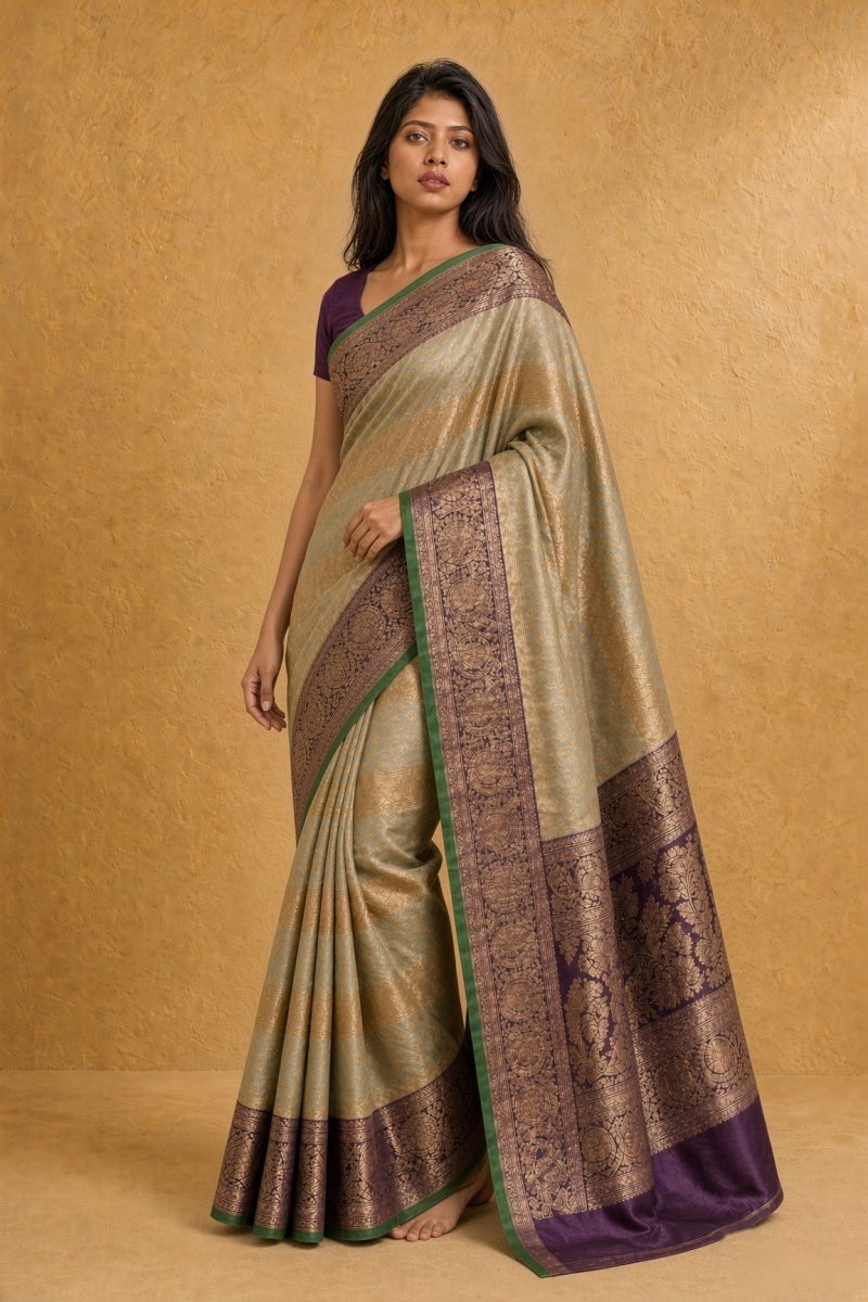 Olive Green and Antique Gold South Silk Kadiyal Saree — right three-quarter view