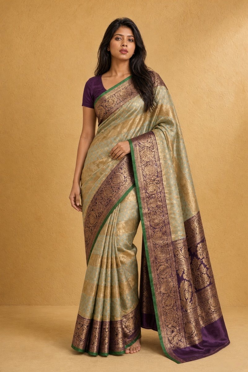 Olive Green and Antique Gold South Silk Kadiyal Saree — front