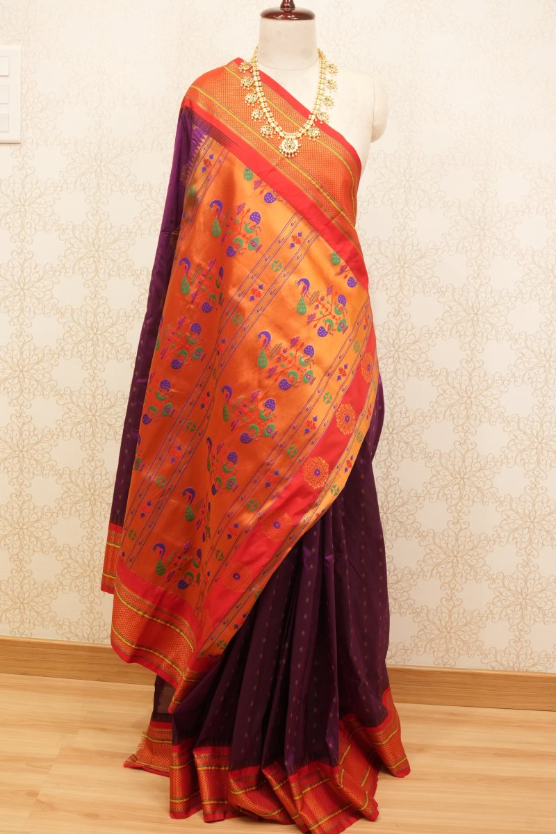 Royal Purple and Vibrant Orange Paithani Silk Saree — front