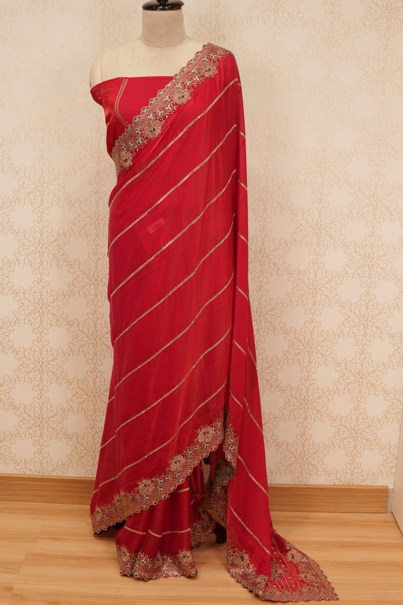 Rich Red Crepe Silk Saree with Cut Work and Zardozi — front