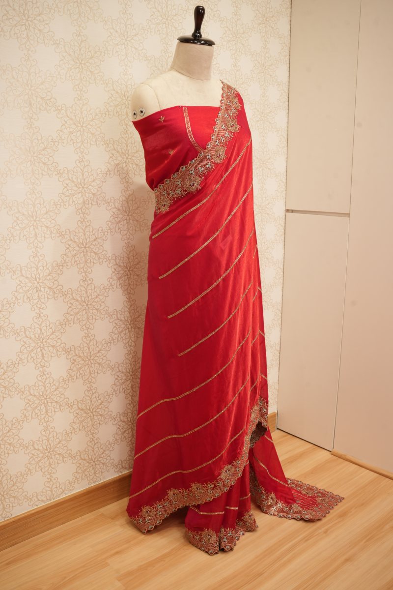Rich Red Crepe Silk Saree with Cut Work and Zardozi — photo 5