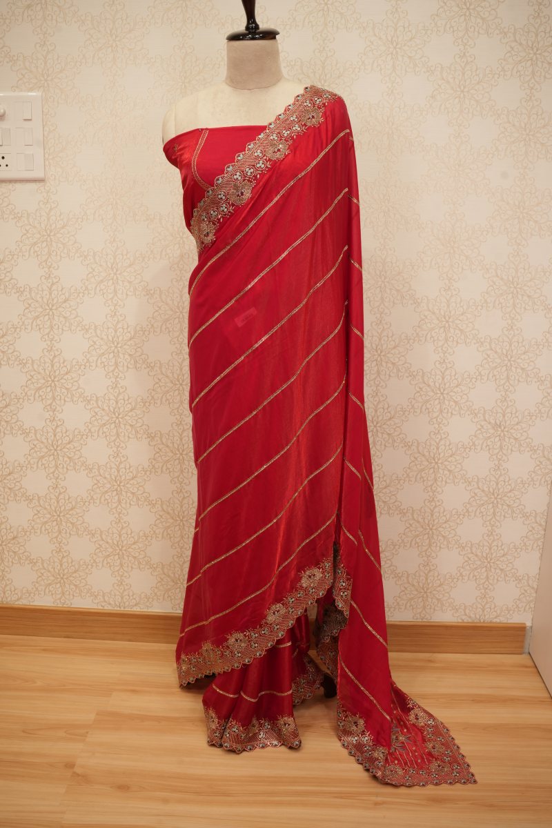 Rich Red Crepe Silk Saree with Cut Work and Zardozi — photo 2