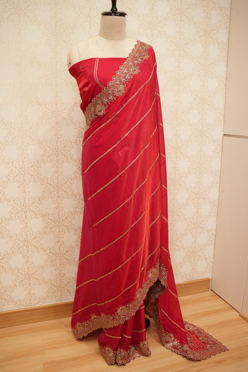 Rich Red Crepe Silk Saree with Cut Work and Zardozi — photo 3