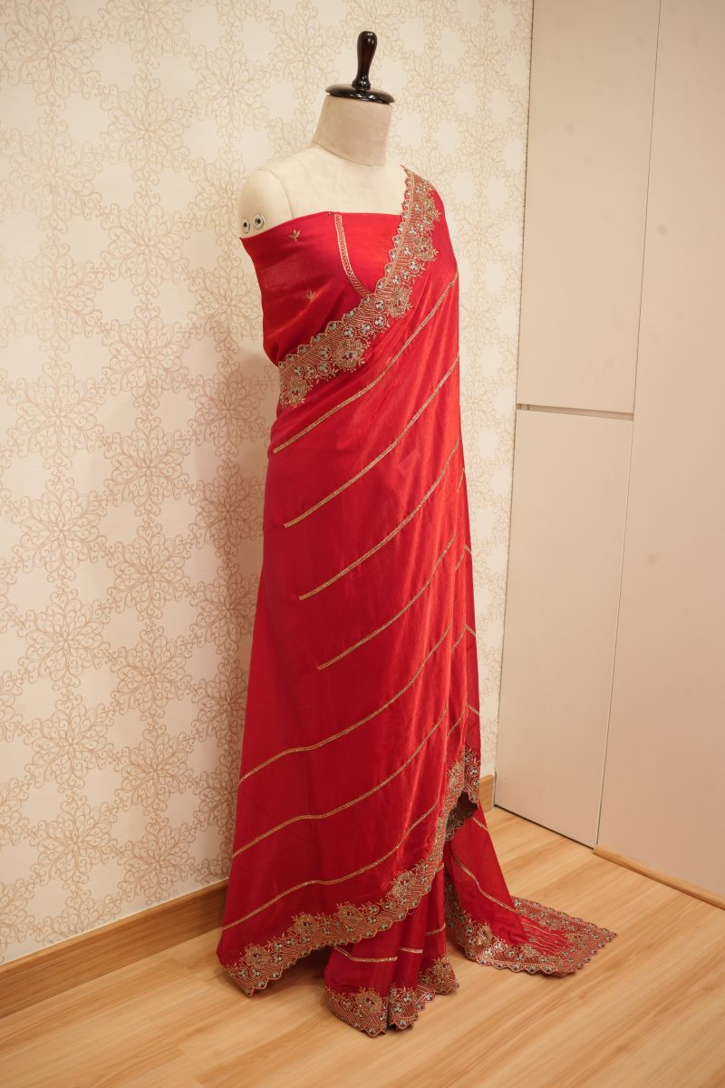 Rich Red Crepe Silk Saree with Cut Work and Zardozi — photo 4