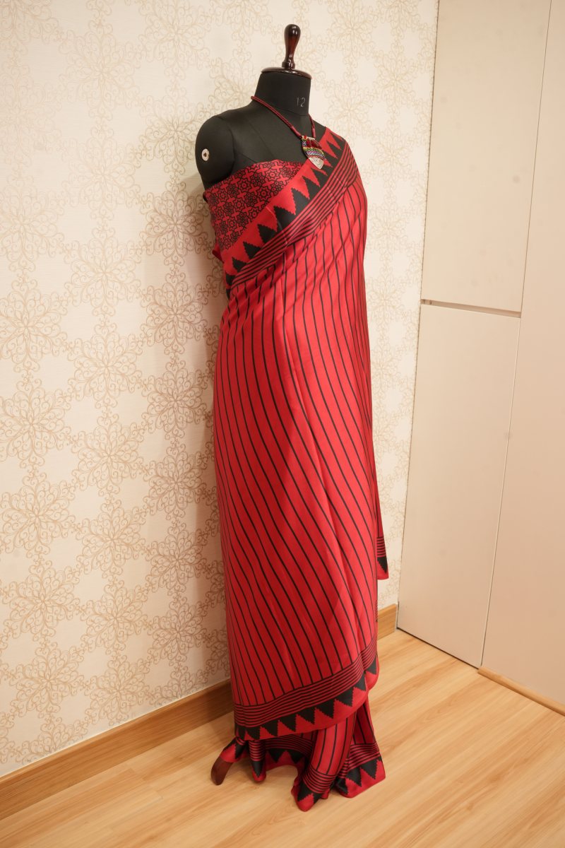 Vibrant Red and Black Japanese Satin Saree — photo 4