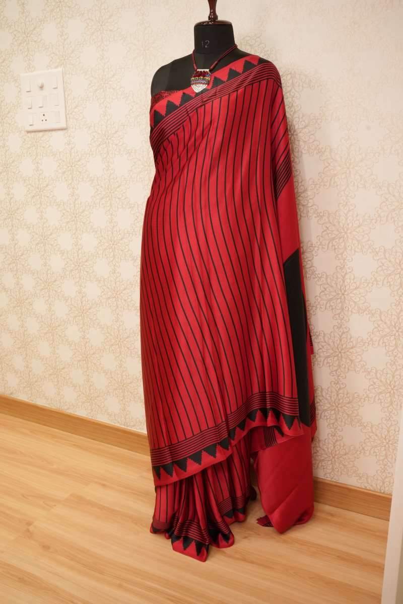 Vibrant Red and Black Japanese Satin Saree — photo 3