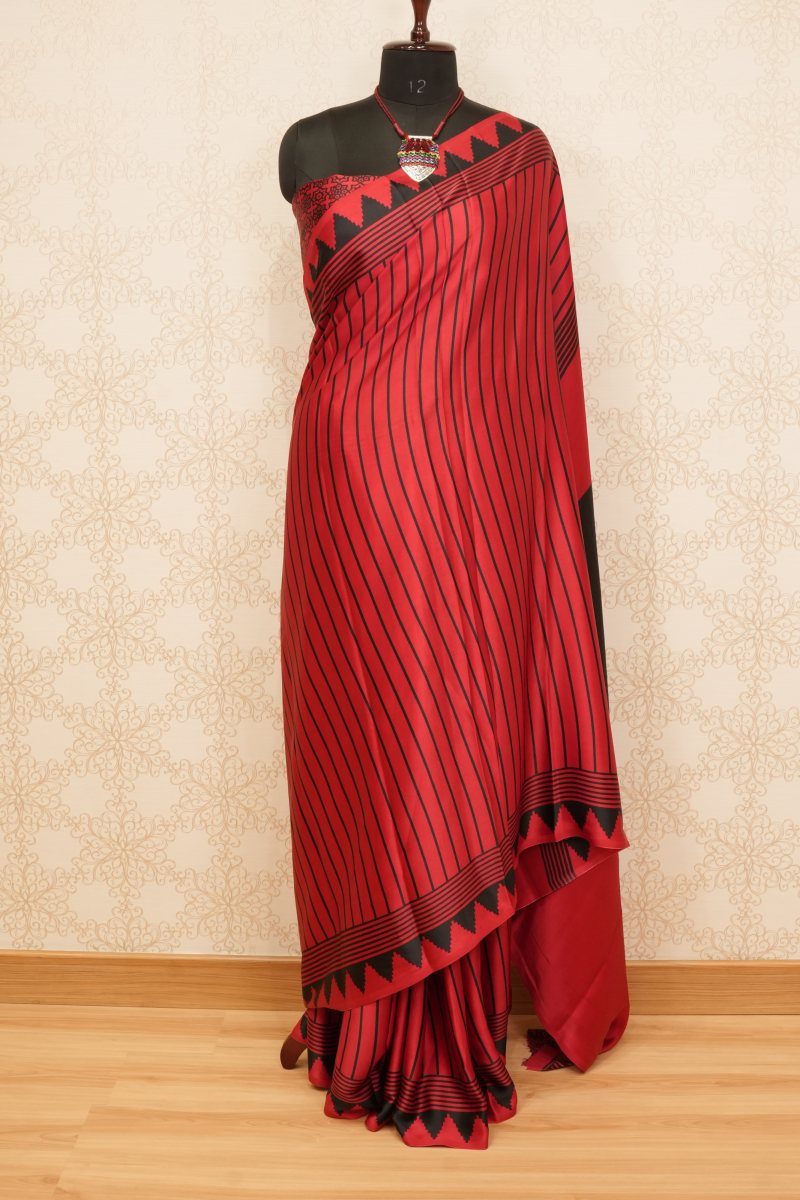 Vibrant Red and Black Japanese Satin Saree — front