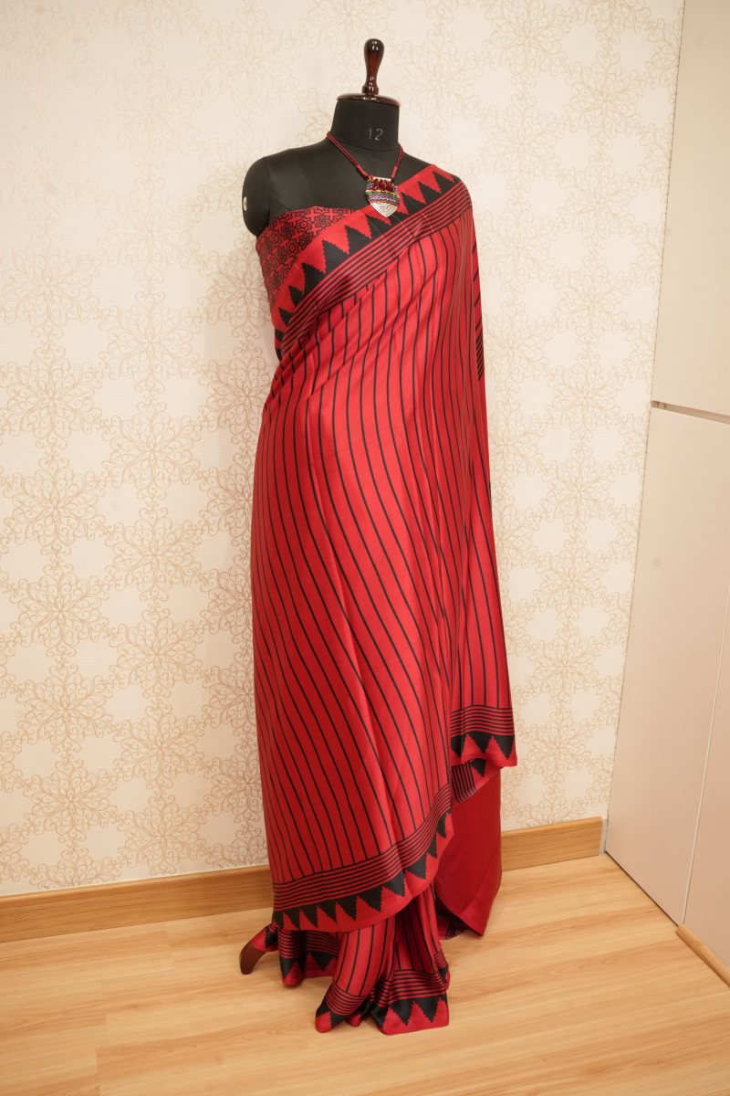 Vibrant Red and Black Japanese Satin Saree — photo 5