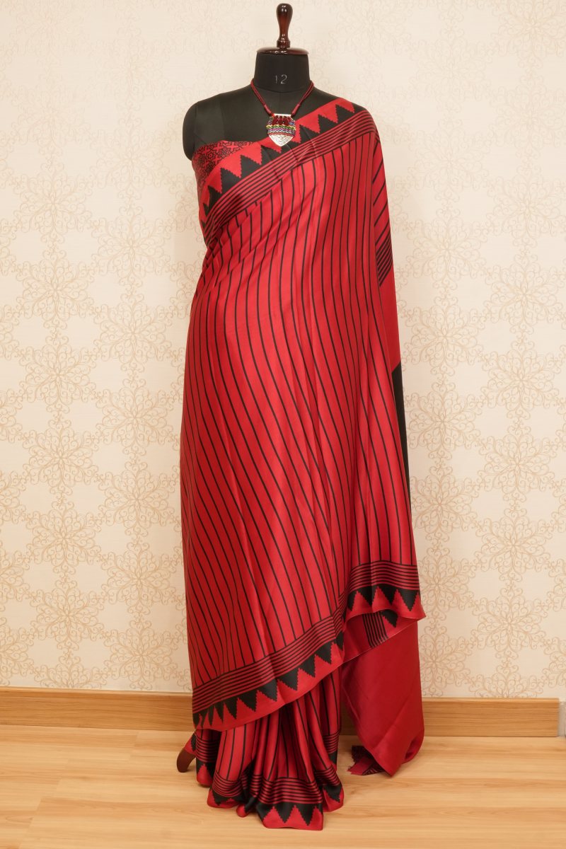 Vibrant Red and Black Japanese Satin Saree — photo 2