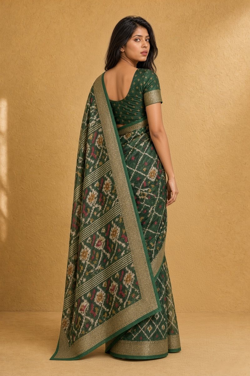 Deep Bottle Green Marshmallow Saree with Patola-Inspired Pattern — back
