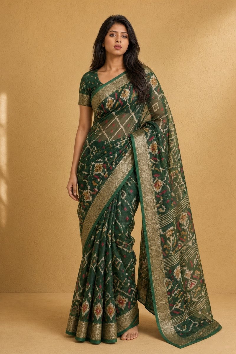 Deep Bottle Green Marshmallow Saree with Patola-Inspired Pattern — front