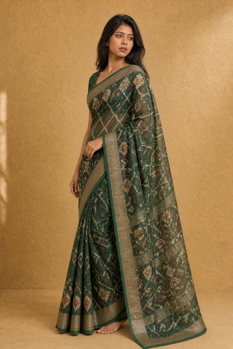 Deep Bottle Green Marshmallow Saree with Patola-Inspired Pattern — left three-quarter view