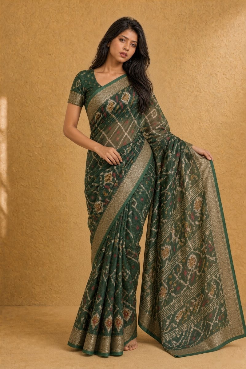 Deep Bottle Green Marshmallow Saree with Patola-Inspired Pattern — right three-quarter view