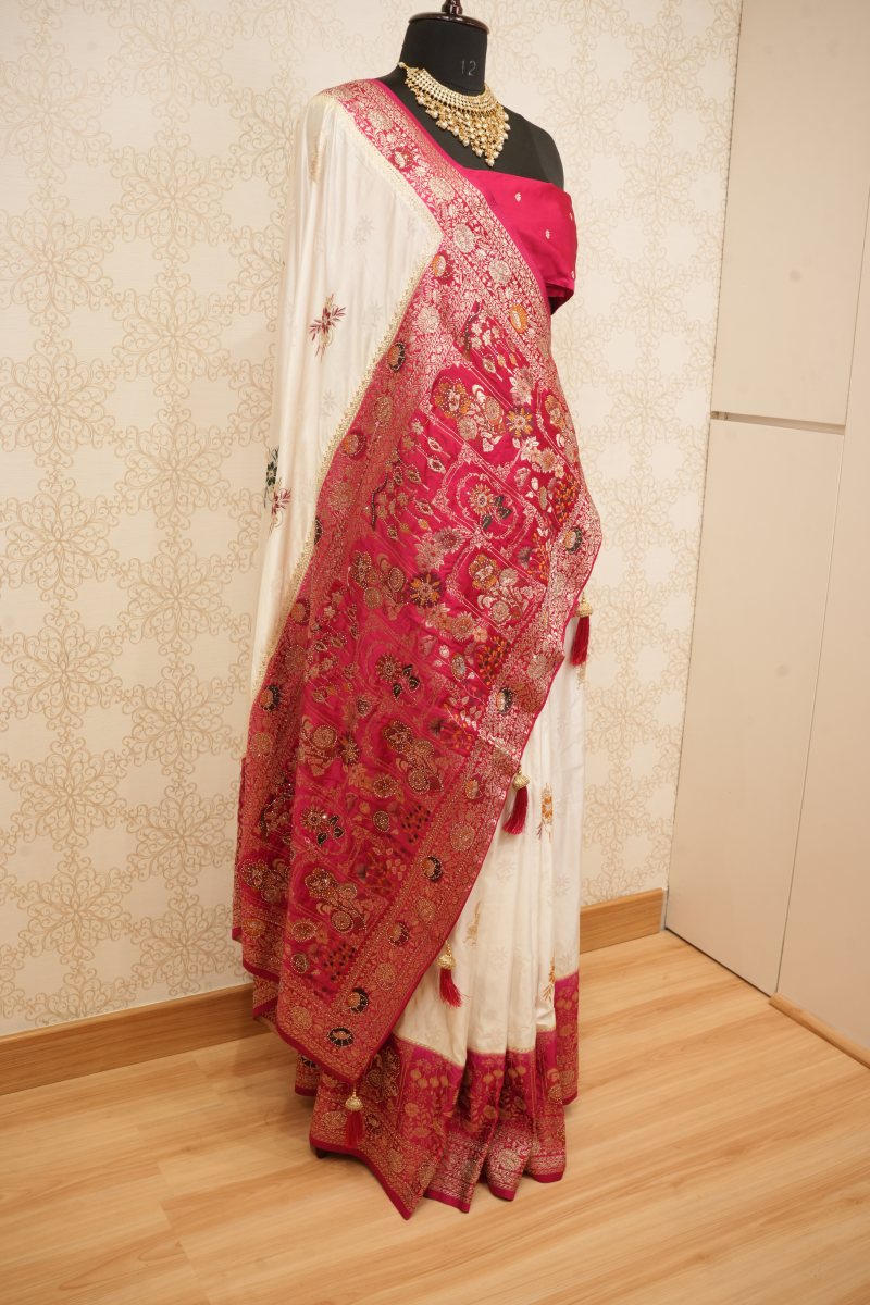 Off White and Rani Pink Katan Silk Saree — photo 7