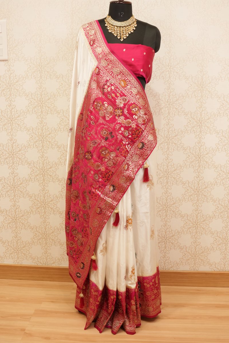 Off White and Rani Pink Katan Silk Saree — front