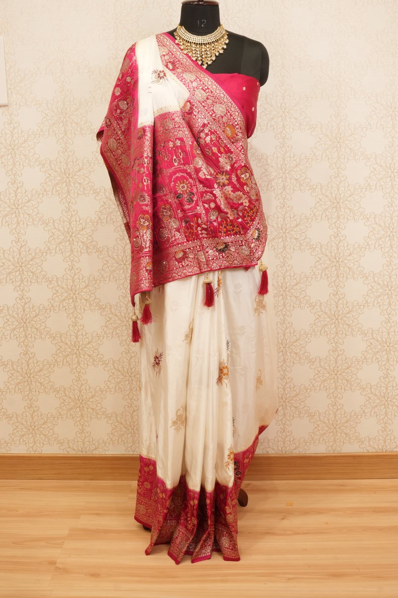 Off White and Rani Pink Katan Silk Saree — photo 3