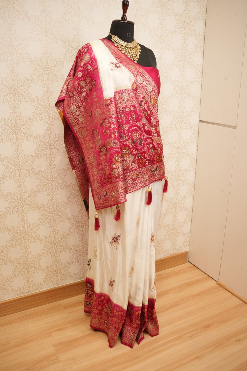 Off White and Rani Pink Katan Silk Saree — photo 4