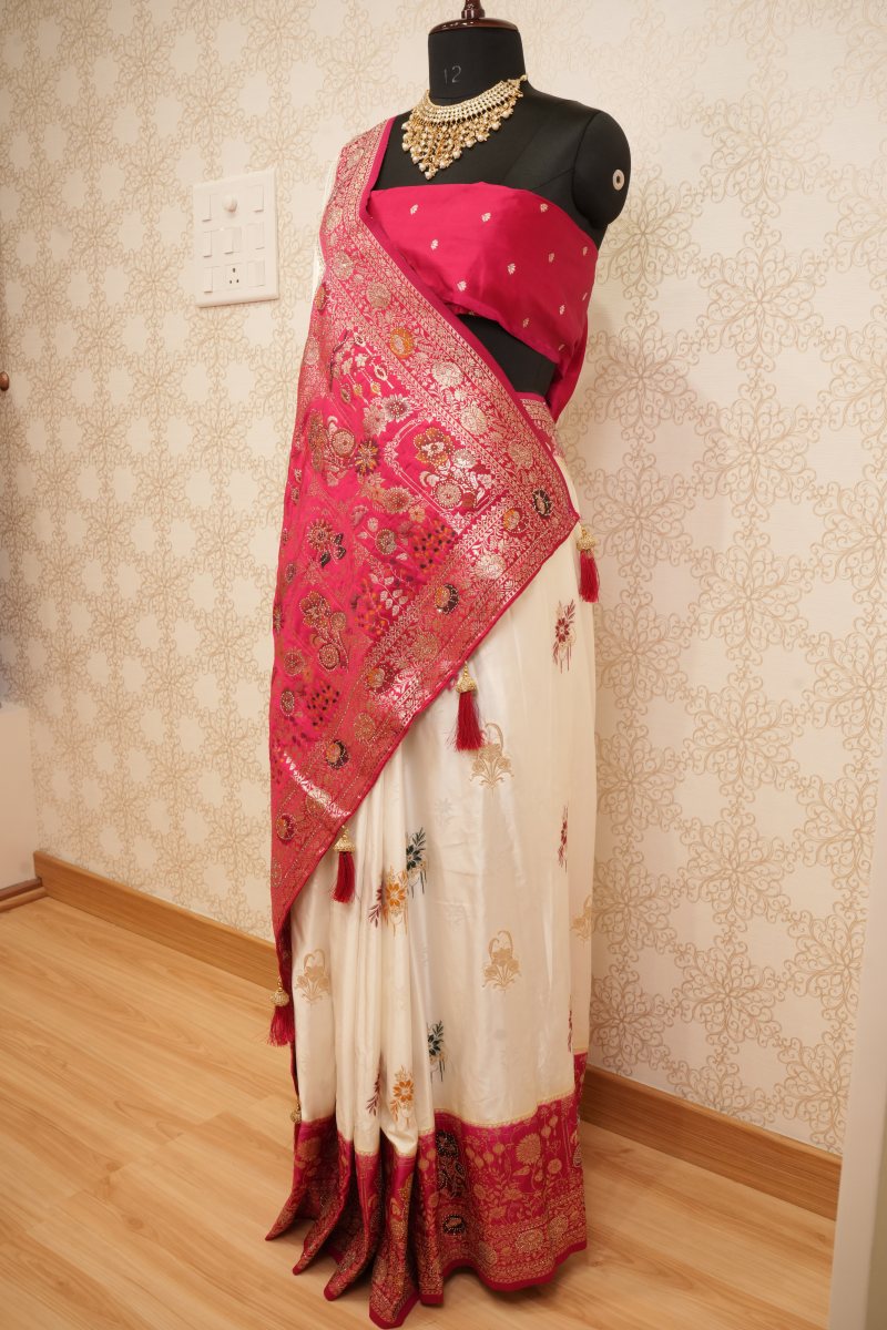 Off White and Rani Pink Katan Silk Saree — photo 6