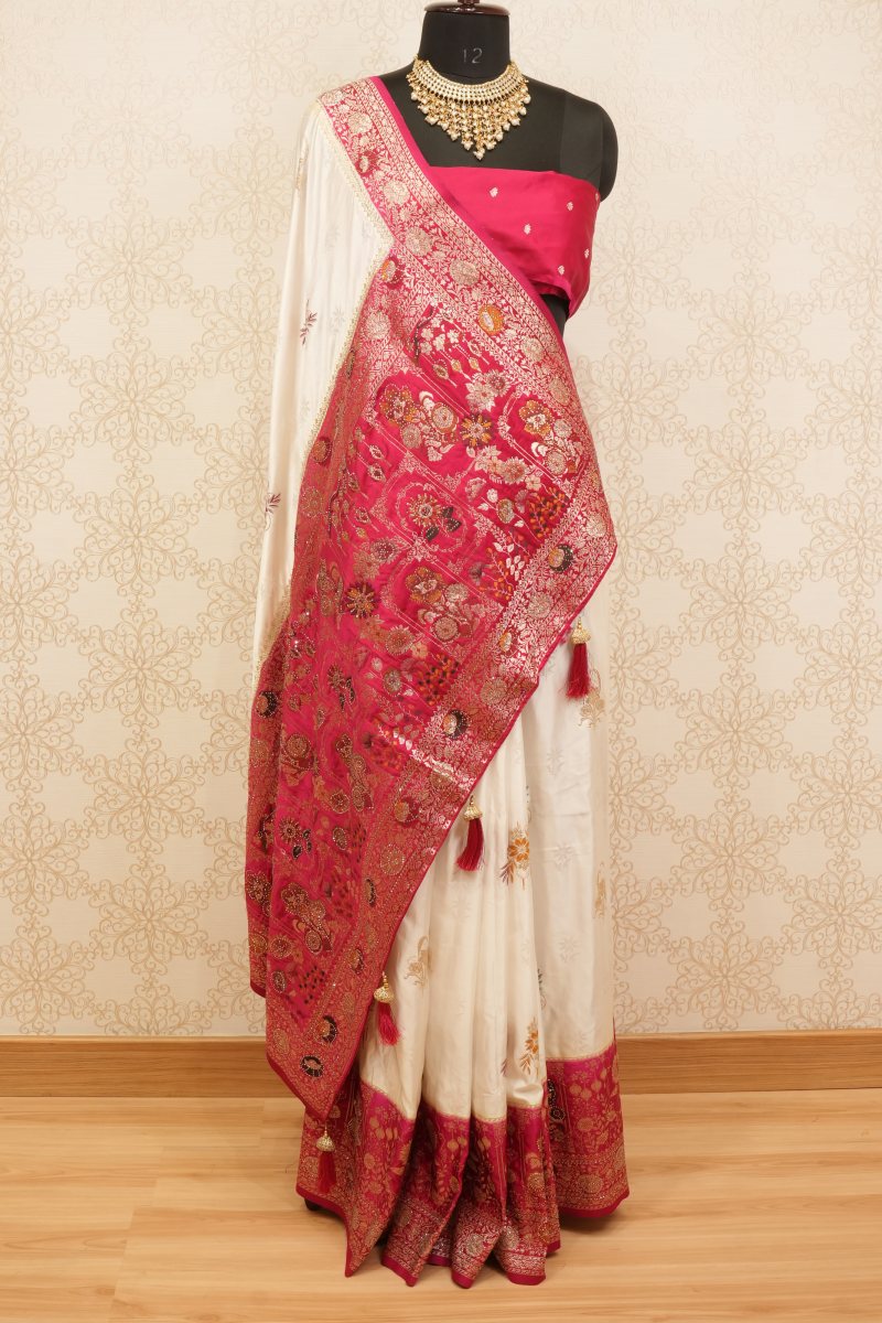 Off White and Rani Pink Katan Silk Saree — photo 5