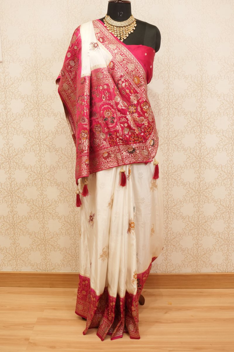Off White and Rani Pink Katan Silk Saree — photo 2