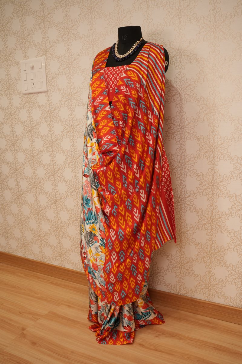 Vermilion Red and Orange Japanese Satin Saree — photo 3