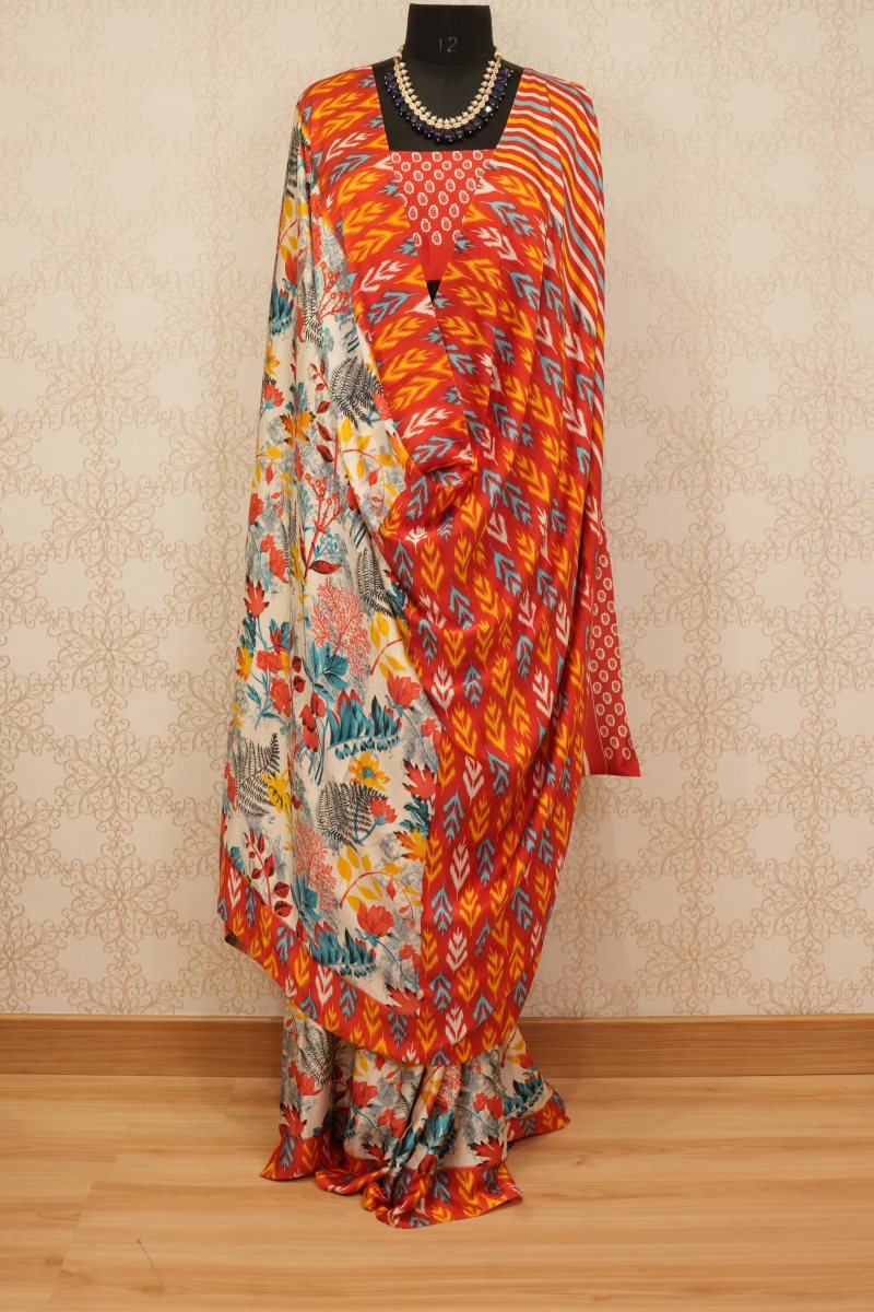 Vermilion Red and Orange Japanese Satin Saree — front