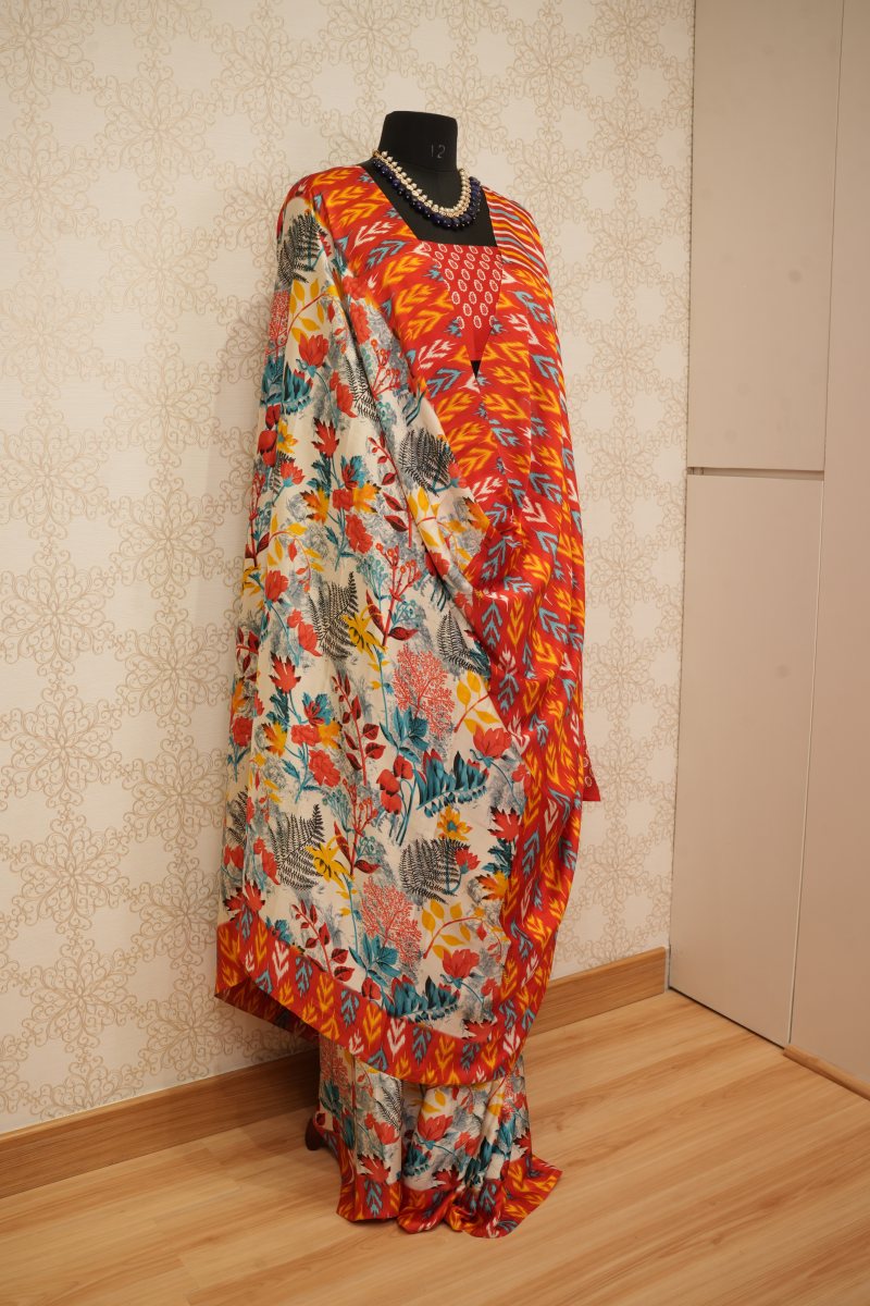 Vermilion Red and Orange Japanese Satin Saree — photo 5