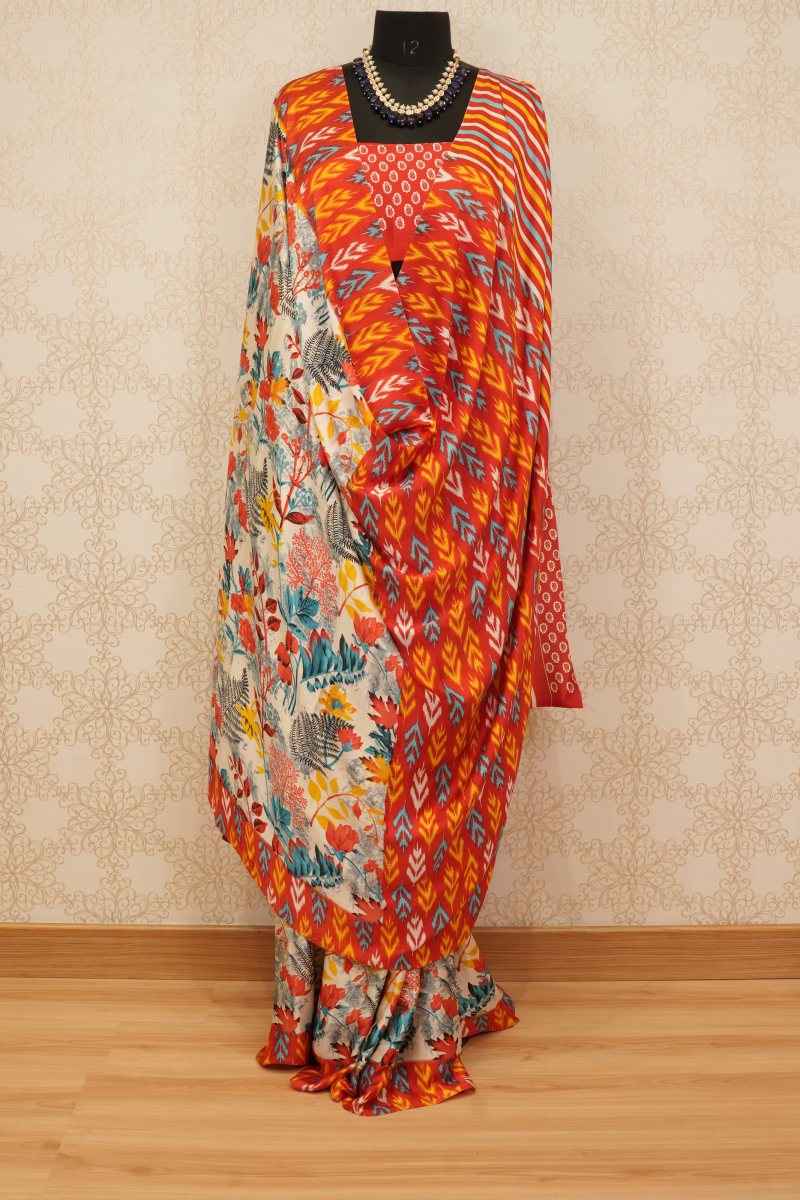 Vermilion Red and Orange Japanese Satin Saree — photo 2