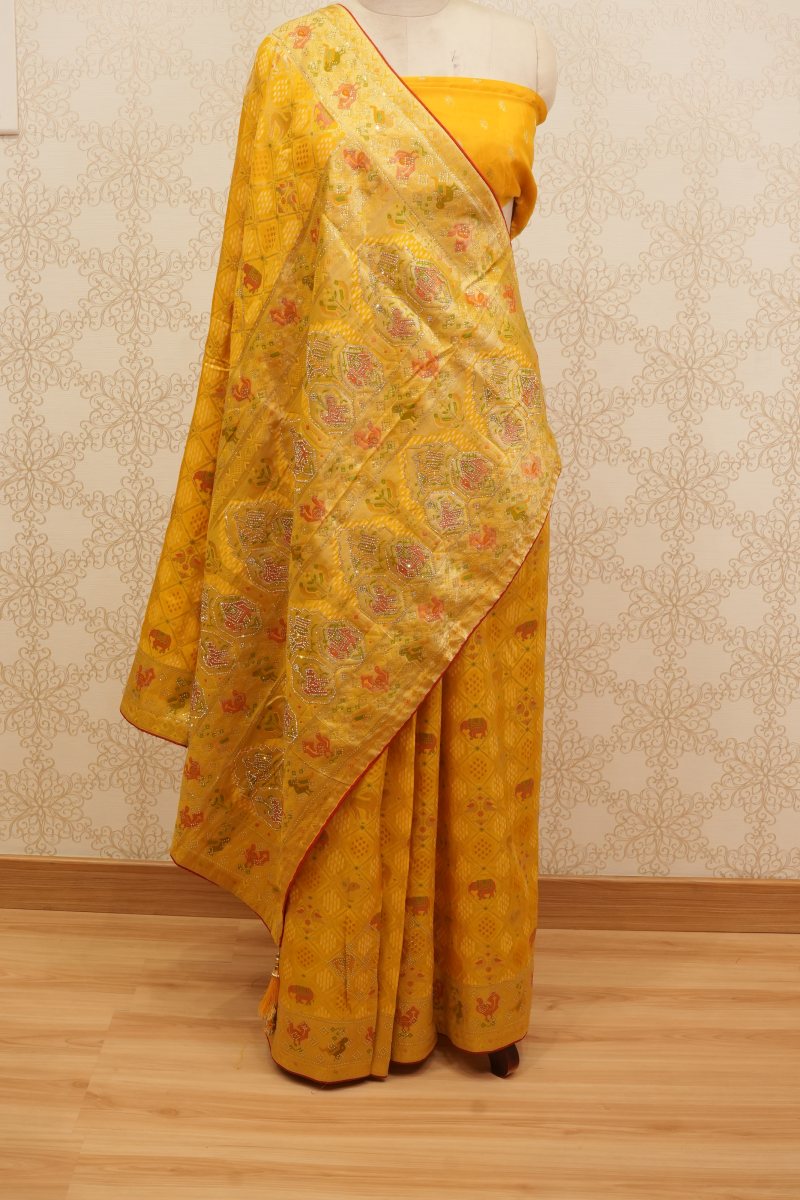 Turmeric Yellow Viscose Silk Saree with Patola Detailing — photo 2