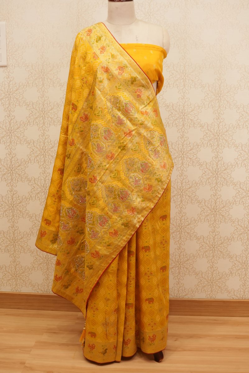 Turmeric Yellow Viscose Silk Saree with Patola Detailing — front