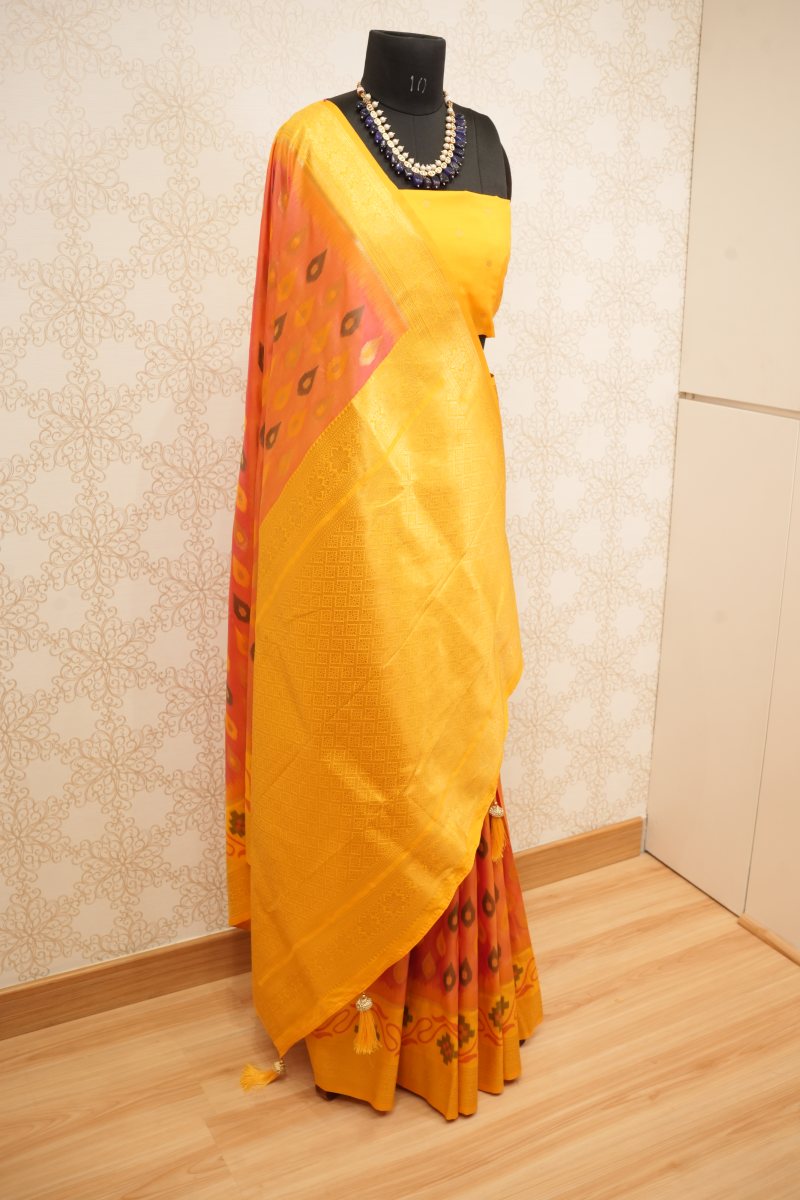 Mustard Yellow and Burnt Orange Kanjivaram Silk Saree — photo 4