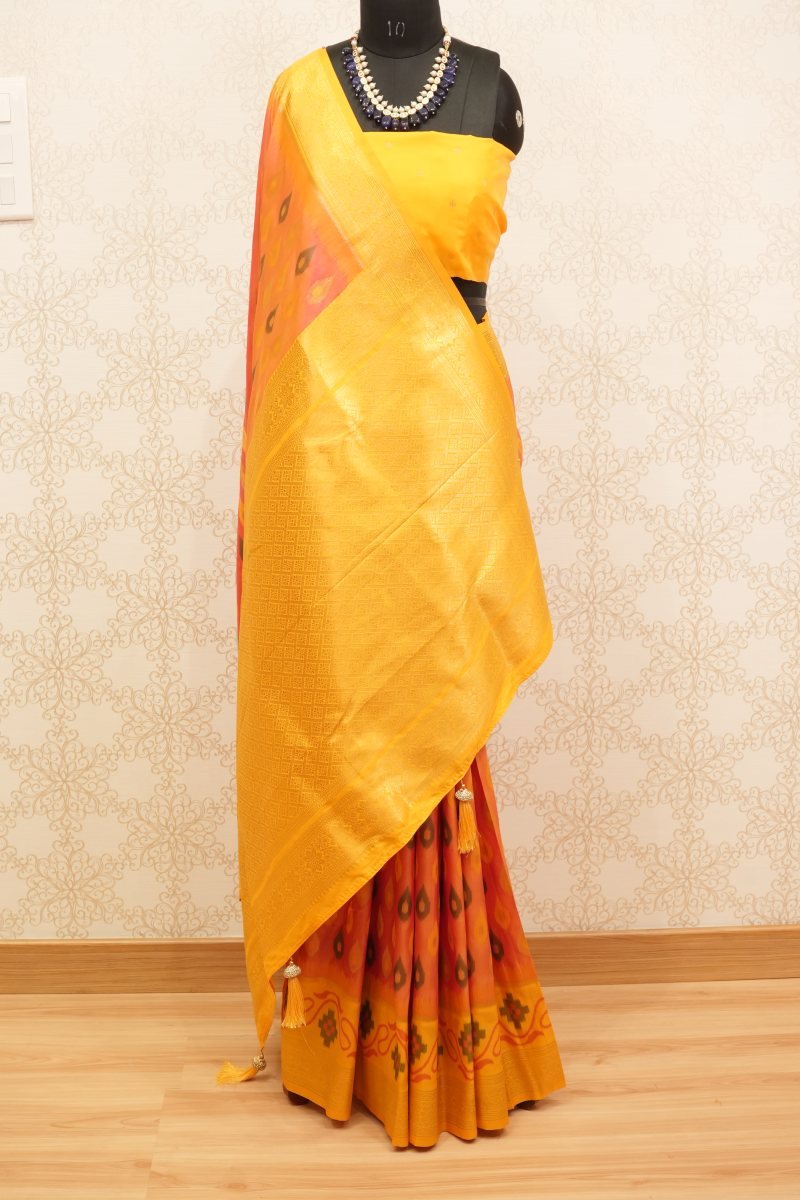 Mustard Yellow and Burnt Orange Kanjivaram Silk Saree — front