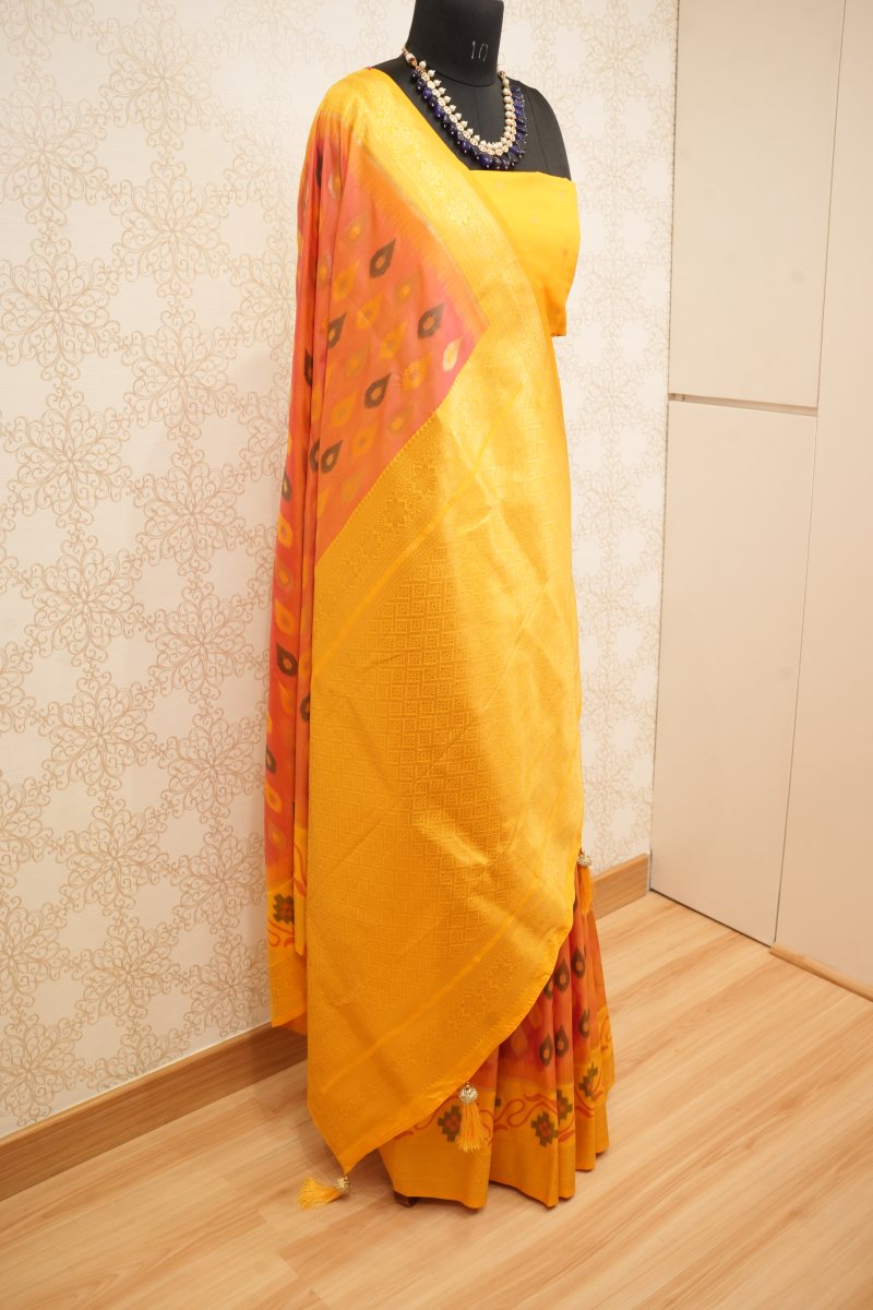 Mustard Yellow and Burnt Orange Kanjivaram Silk Saree — photo 6