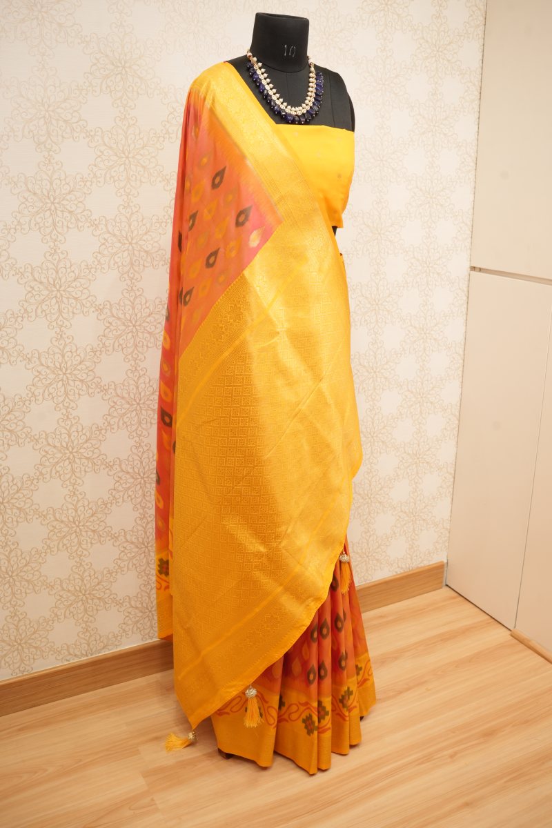 Mustard Yellow and Burnt Orange Kanjivaram Silk Saree — photo 5