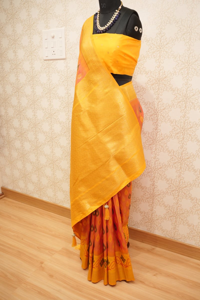 Mustard Yellow and Burnt Orange Kanjivaram Silk Saree — photo 3