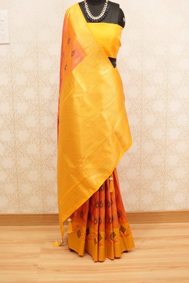 Mustard Yellow and Burnt Orange Kanjivaram Silk Saree — photo 2