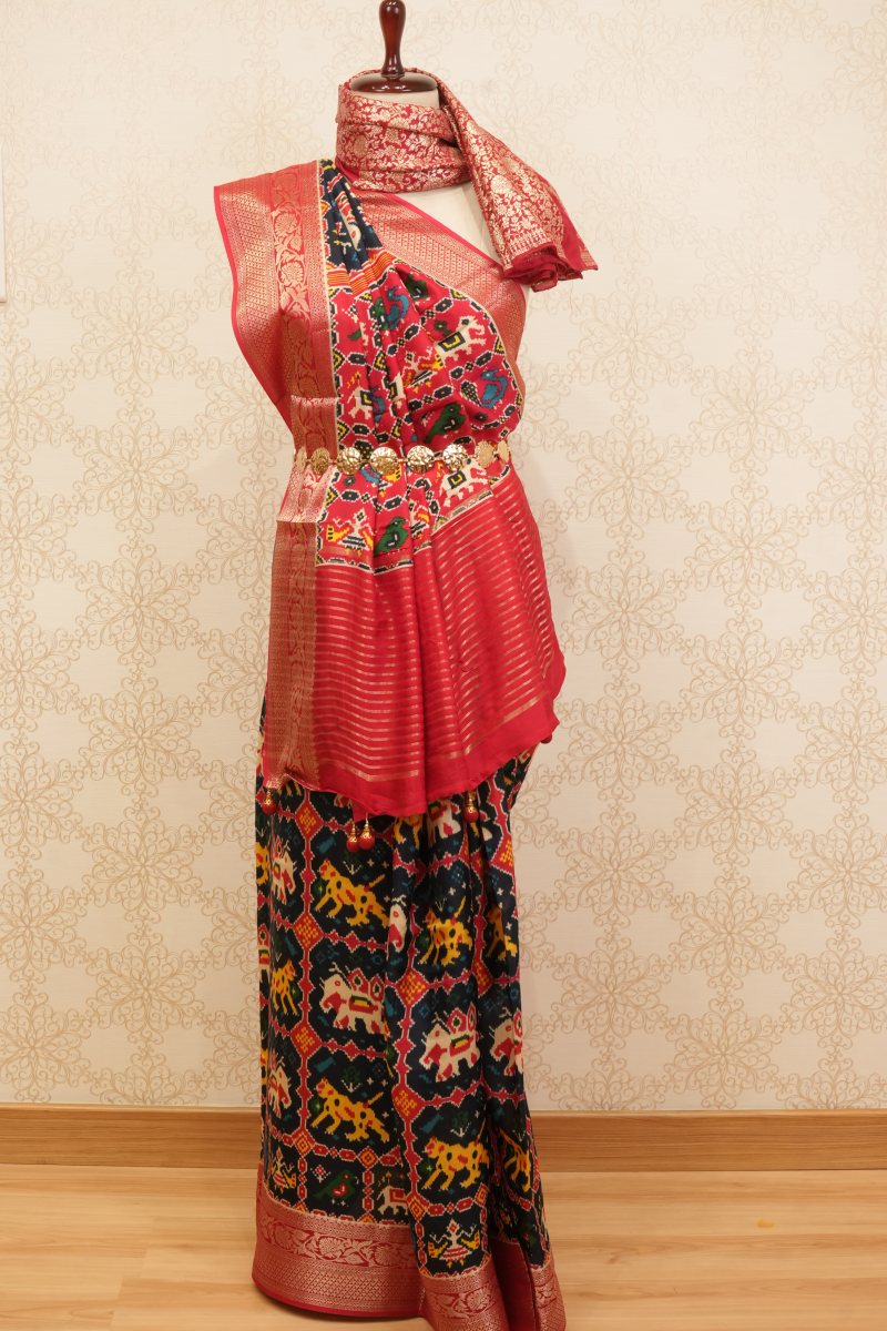 Black and Vermilion Red Dola Silk Patola Saree — front
